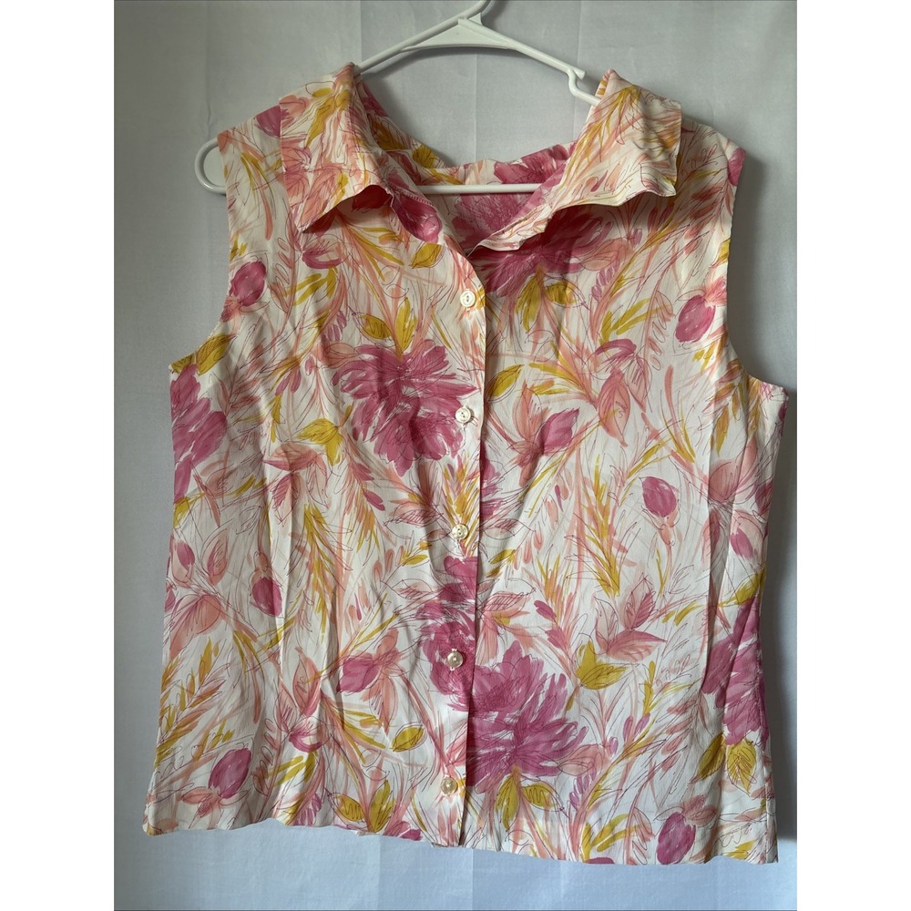 Vtg 60's/70's Pink Yellow Floral Sleeveless Button Down Blouse Collared Mod Flaw